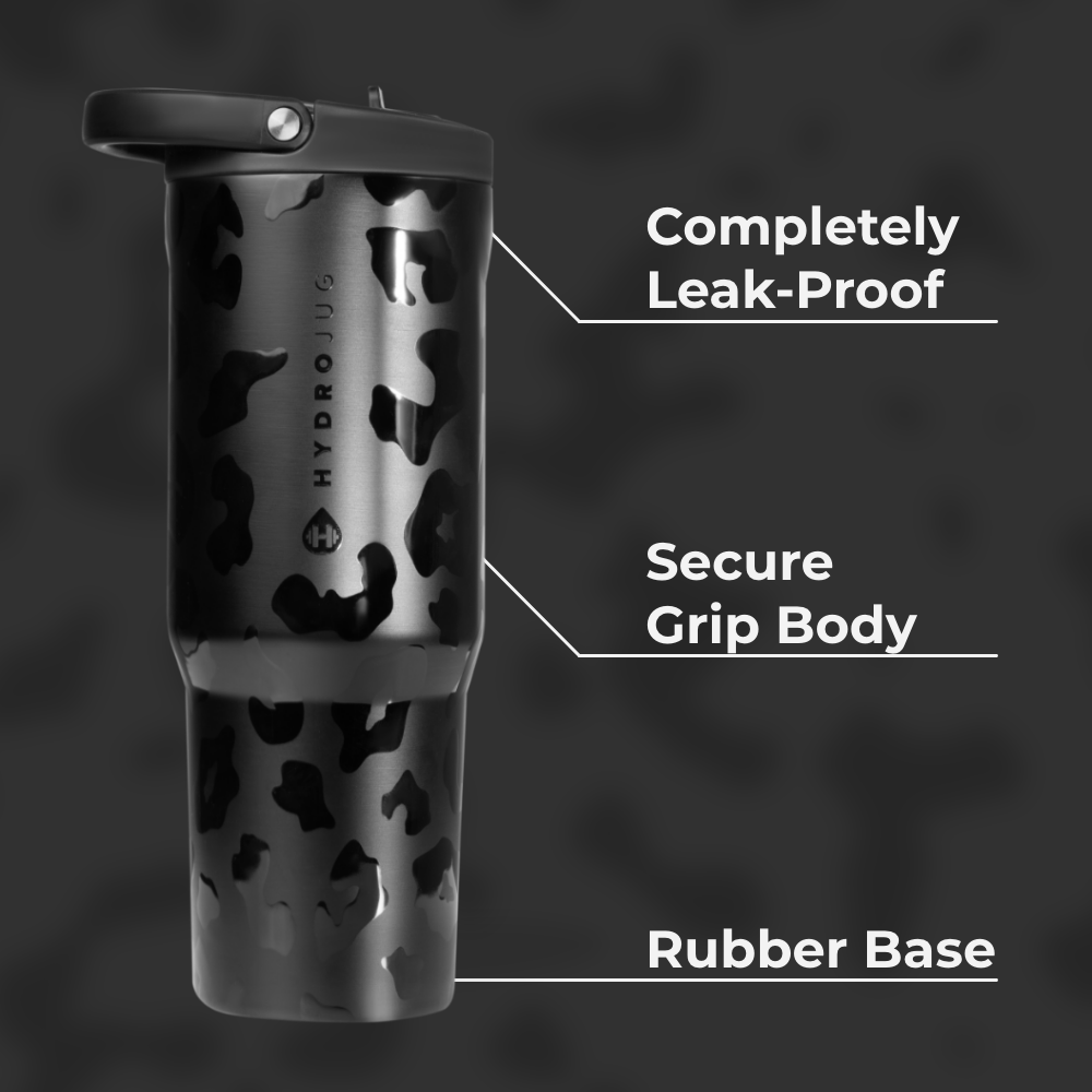 Black Leopard Sport Bottle 40oz Features – Leak-Proof, Grip Body, Rubber Base