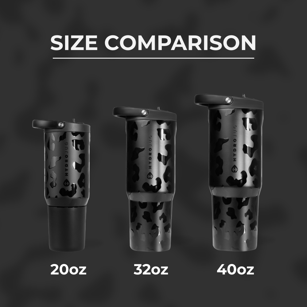 Tradeons Size Comparison – 20oz, 32oz, and 40oz Bottles in Black Leopard