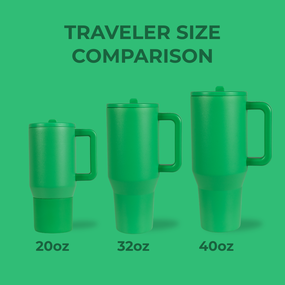 Tradeons Traveler Size Comparison – 20oz, 32oz, 40oz in Clover